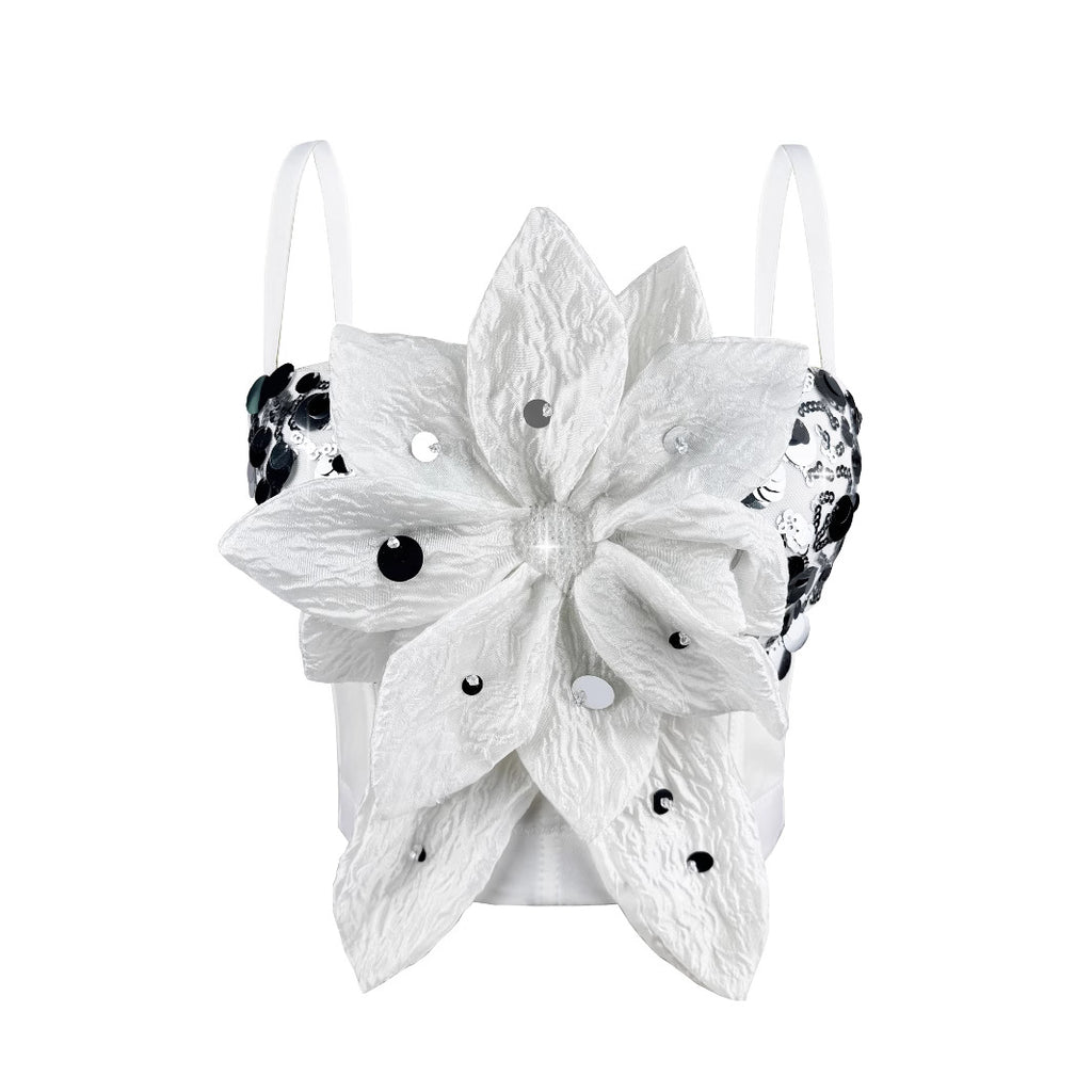 Shiny Sequin 3D Flower Strapless Top Rhinestone Outerwear Boned Bustier Shapewear Boned Top