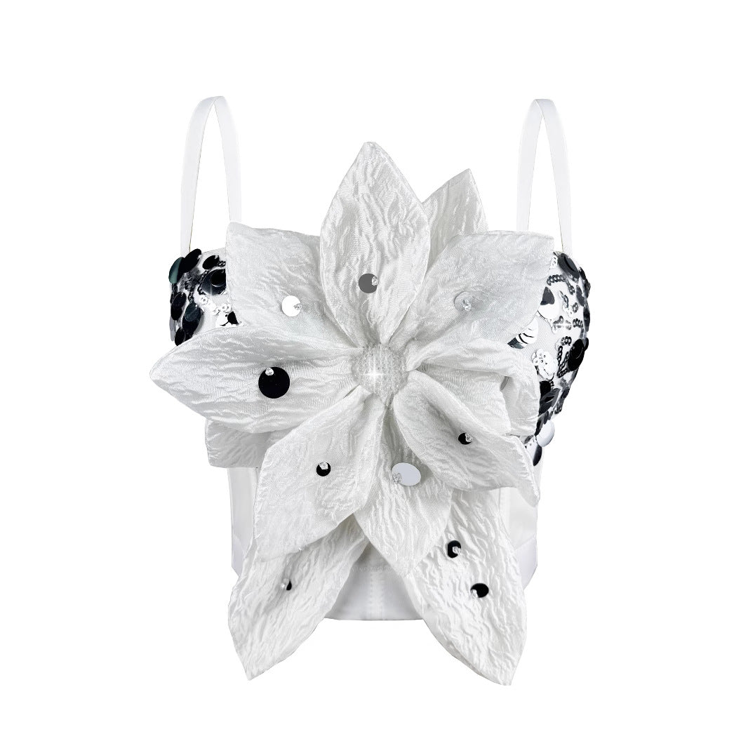Shiny Sequin 3D Flower Strapless Top Rhinestone Outerwear Boned Bustier Shapewear Boned Top