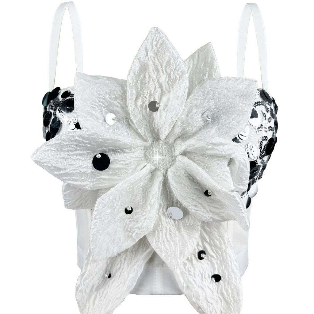 Shiny Sequin 3D Flower Strapless Top Rhinestone Outerwear Boned Bustier Shapewear Boned Top