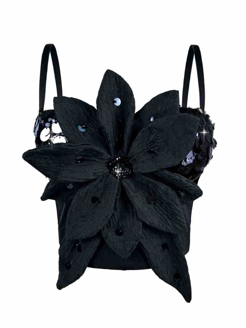Shiny Sequin 3D Flower Strapless Top Rhinestone Outerwear Boned Bustier Shapewear Boned Top