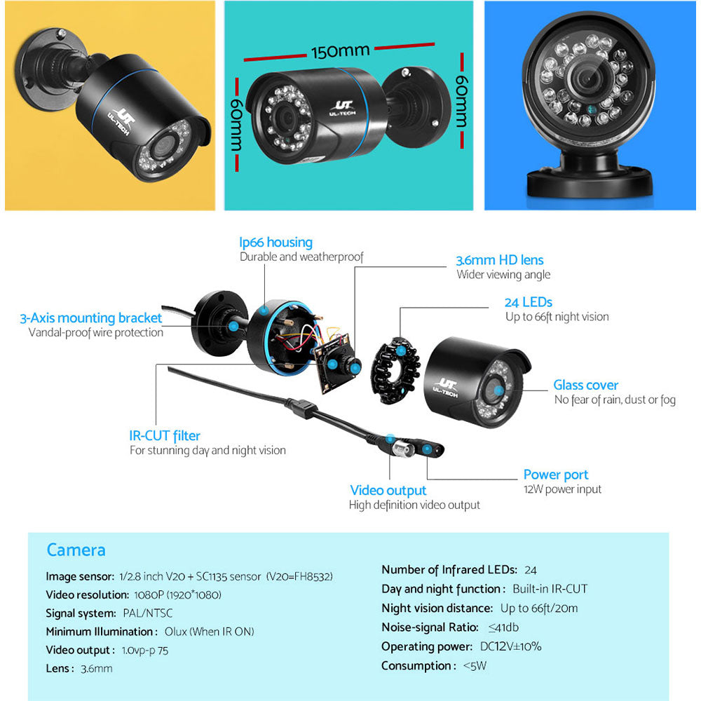 UL-TECH 1080P Security Camera System 8CH DVR with 8 CCTV Bullet Cameras