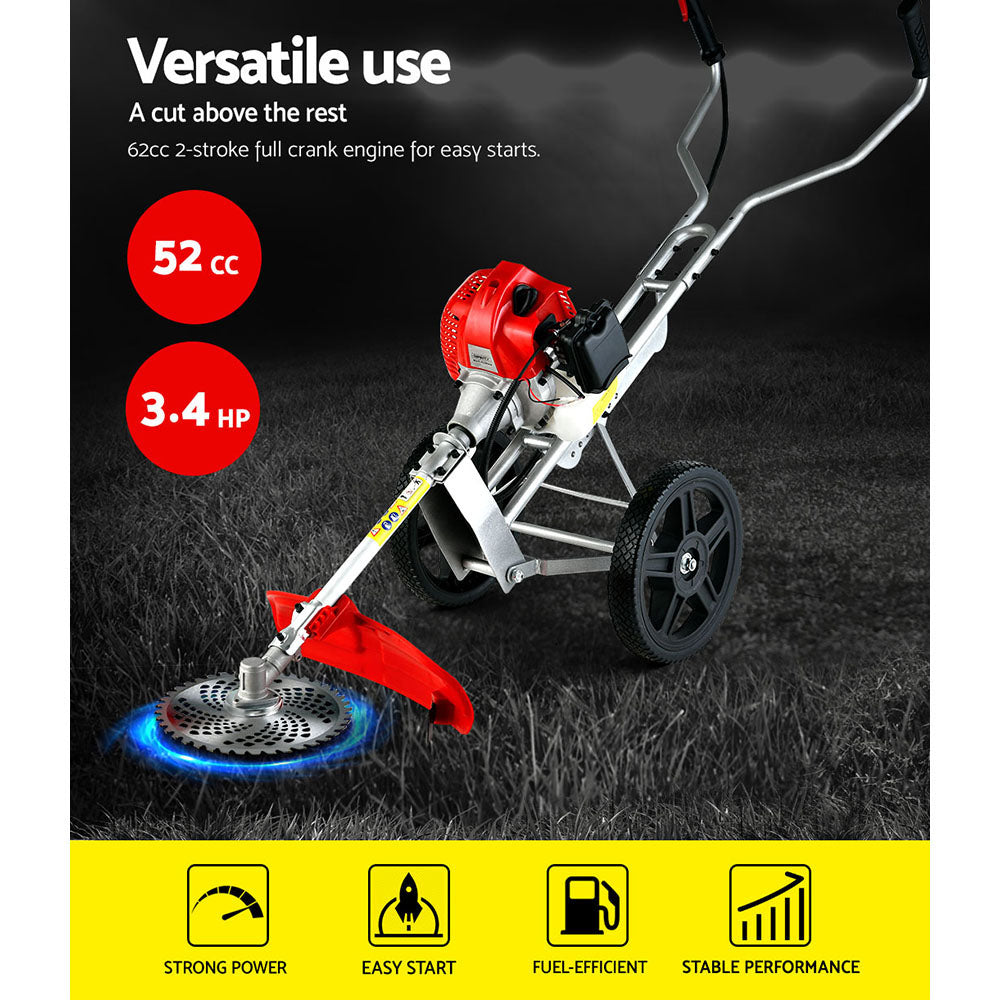 Giantz 52cc Petrol Brush Cutter Whipper Saw Trimmer 2 Stroke 3-in-1 Wheel