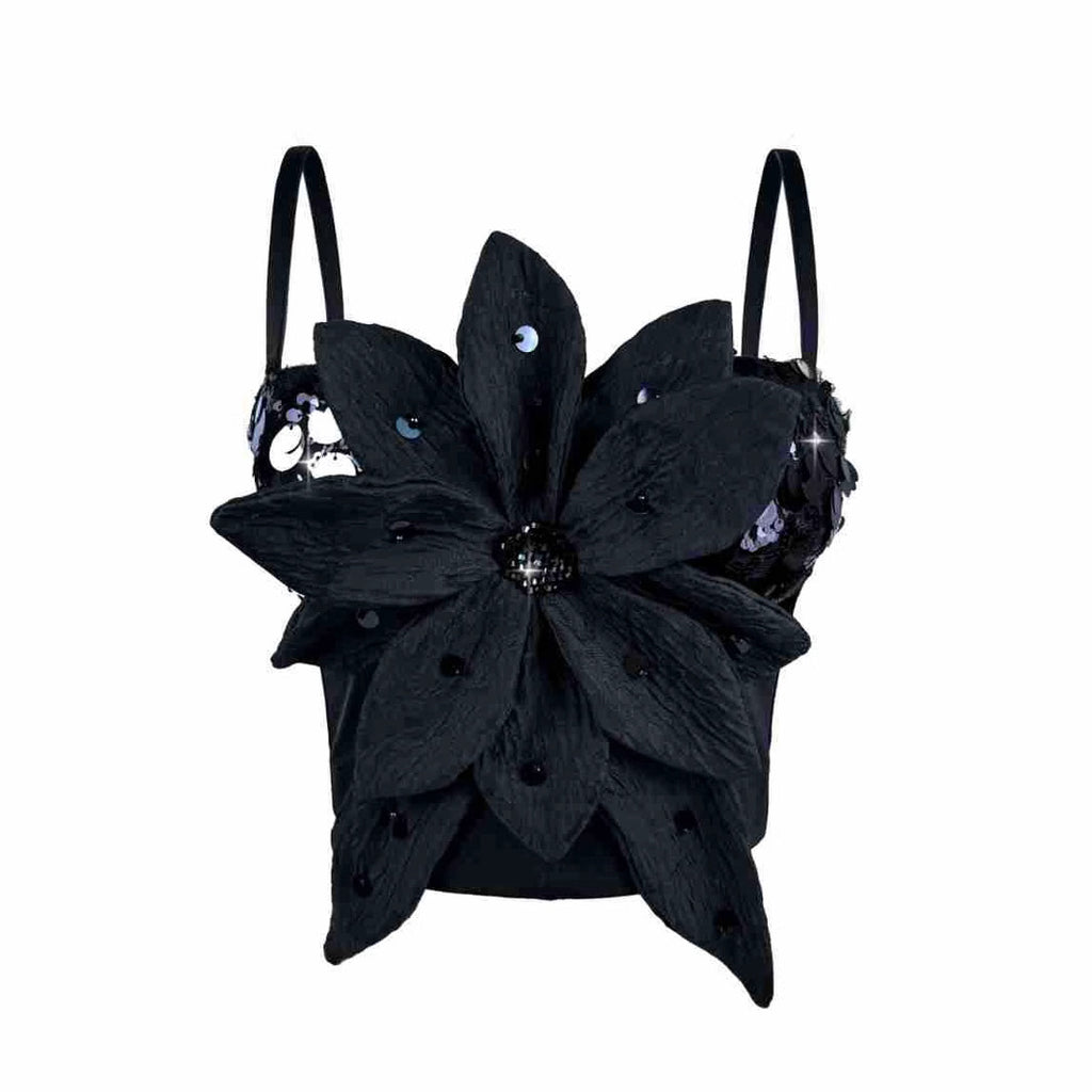 Shiny Sequin 3D Flower Strapless Top Rhinestone Outerwear Boned Bustier Shapewear Boned Top