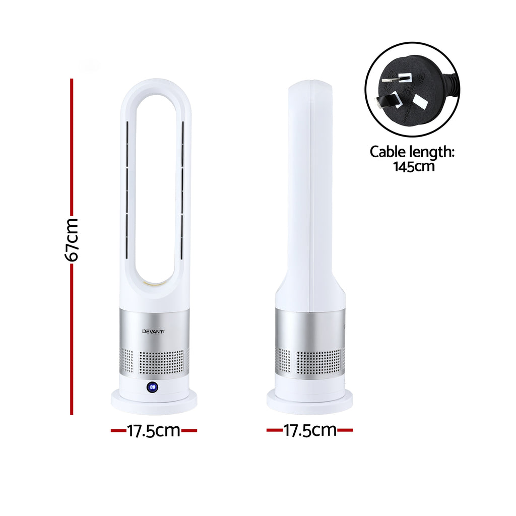 Devanti Bladeless Tower Fan Heater and Cooler 2in1 Portable Oscillation Fan for Bedroom Room Office Use White