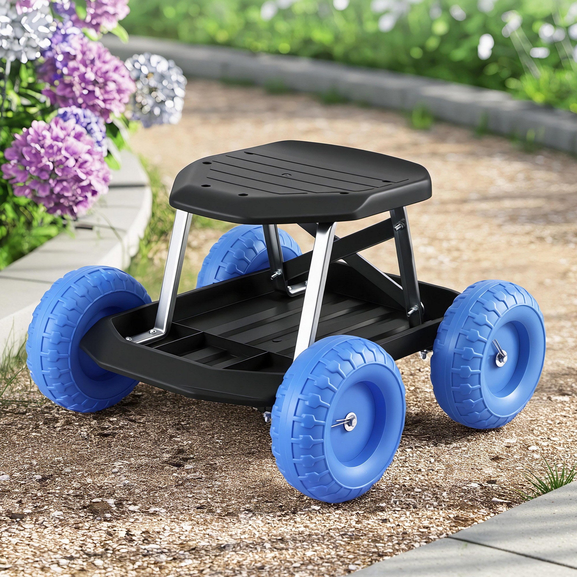 Garden Cart Seat with Wheels, Rolling Work Stool with Tool Storage Tray, 440lbs (200kg) Heavy Duty Capacity Garden Stool for Outdoor Yard Work, Car Detailing, and Garage Maintenance, Blue/Black