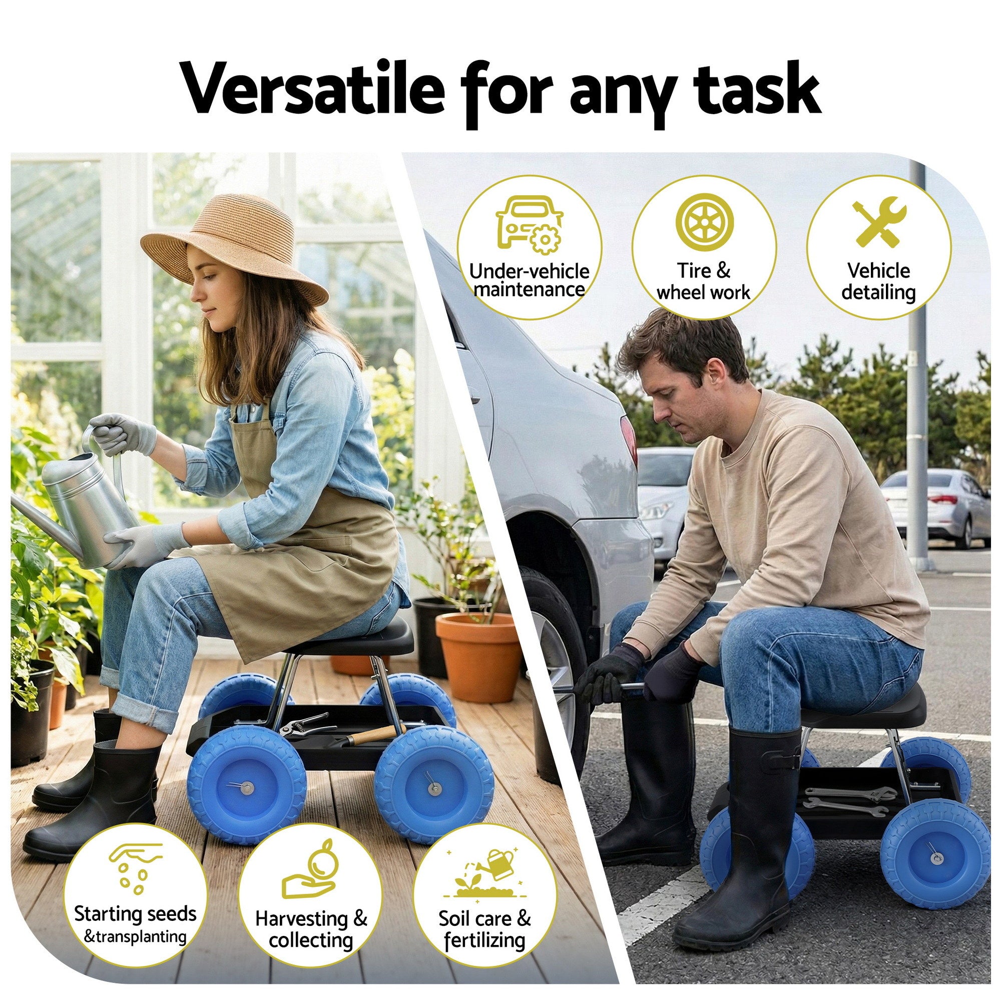 Garden Cart Seat with Wheels, Rolling Work Stool with Tool Storage Tray, 440lbs (200kg) Heavy Duty Capacity Garden Stool for Outdoor Yard Work, Car Detailing, and Garage Maintenance, Blue/Black