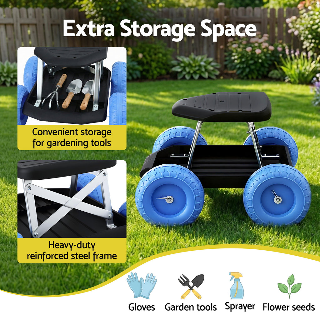 Garden Cart Seat with Wheels, Rolling Work Stool with Tool Storage Tray, 440lbs (200kg) Heavy Duty Capacity Garden Stool for Outdoor Yard Work, Car Detailing, and Garage Maintenance, Blue/Black