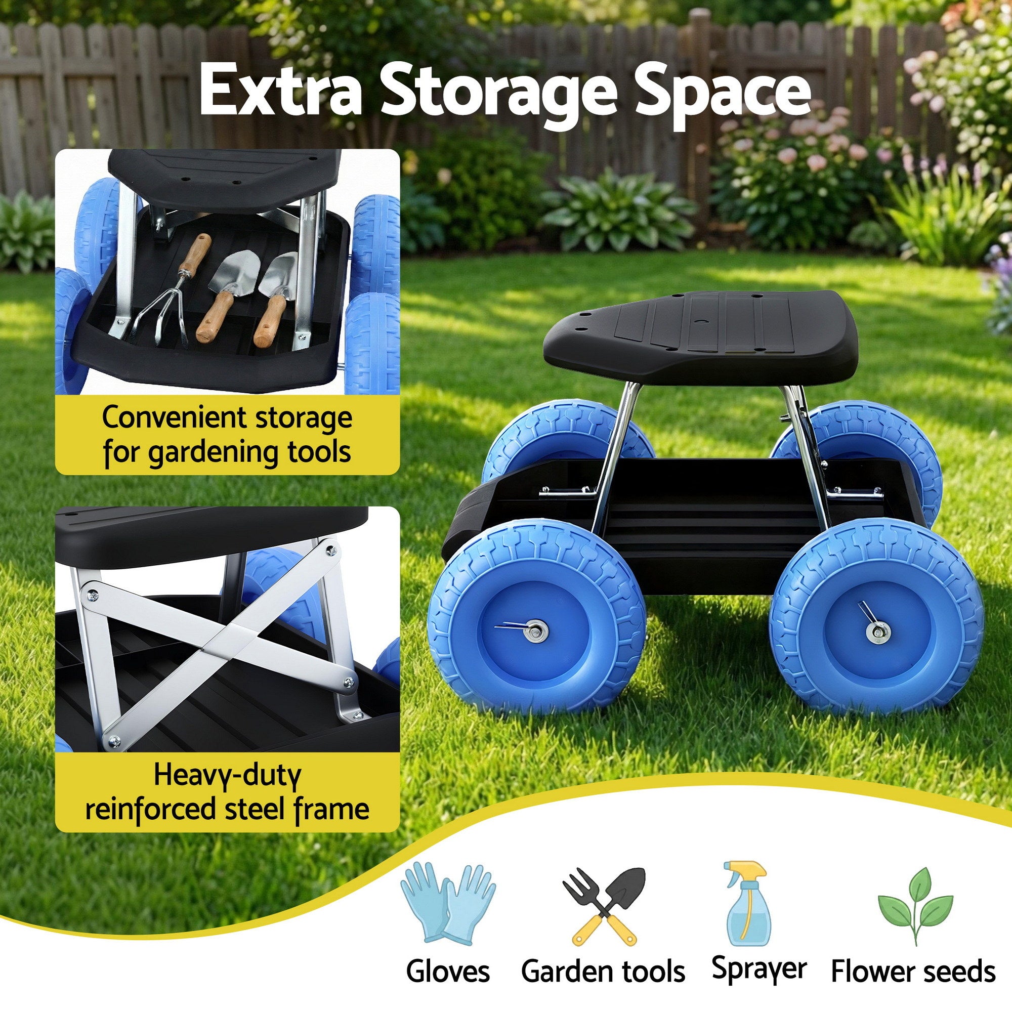 Garden Cart Seat with Wheels, Rolling Work Stool with Tool Storage Tray, 440lbs (200kg) Heavy Duty Capacity Garden Stool for Outdoor Yard Work, Car Detailing, and Garage Maintenance, Blue/Black