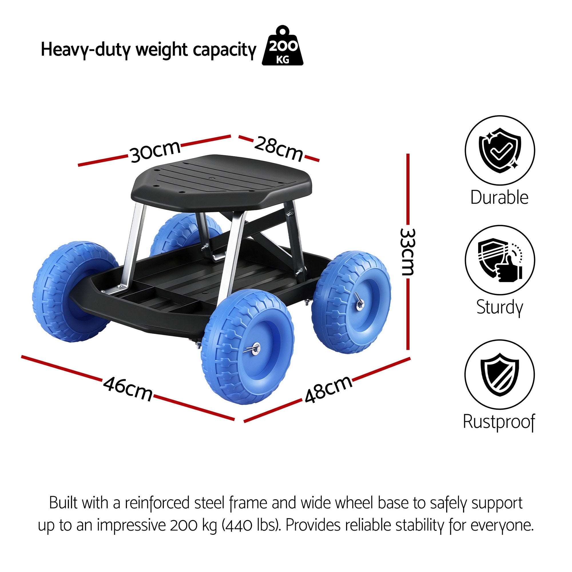 Garden Cart Seat with Wheels, Rolling Work Stool with Tool Storage Tray, 440lbs (200kg) Heavy Duty Capacity Garden Stool for Outdoor Yard Work, Car Detailing, and Garage Maintenance, Blue/Black
