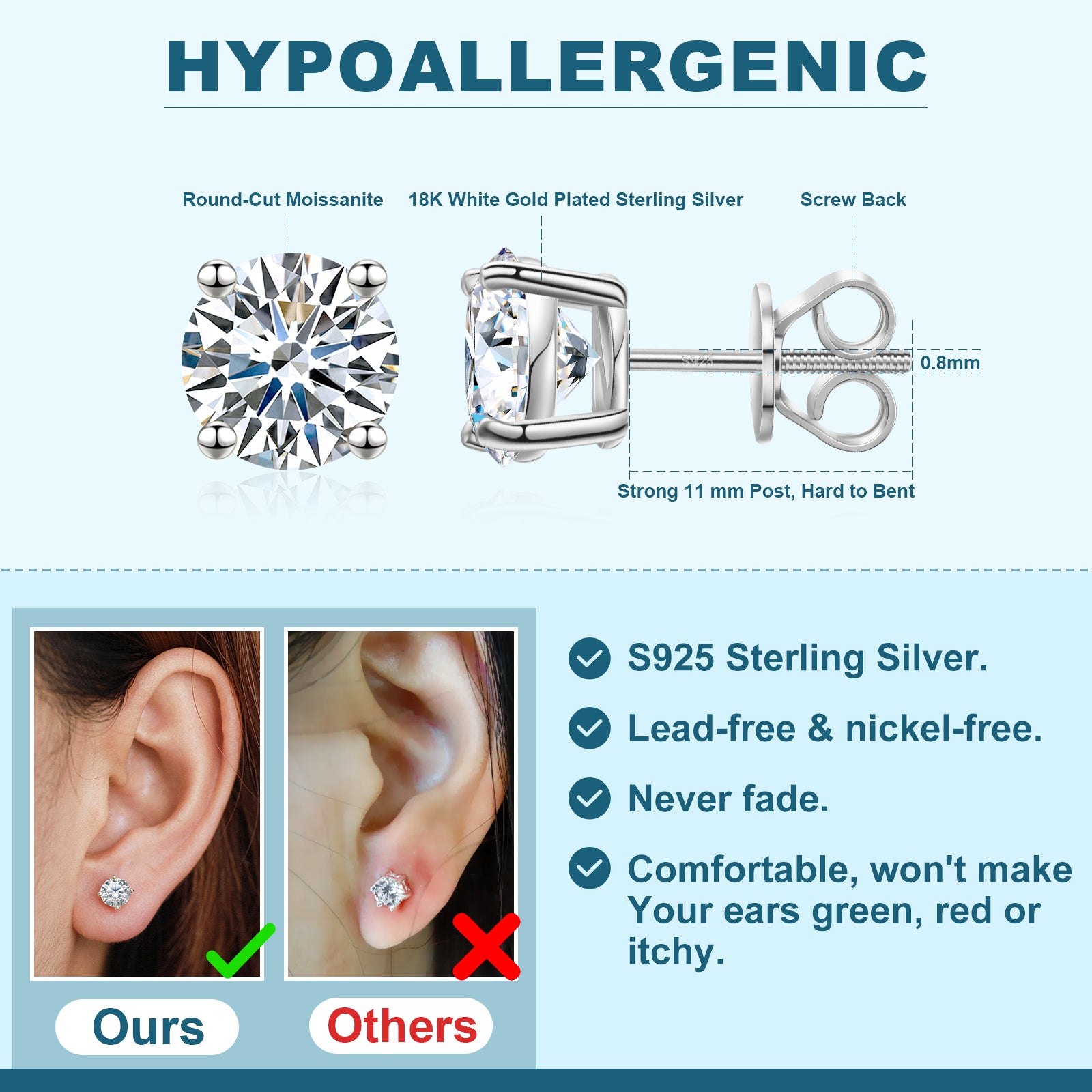 3mm-10mm Classic Mossanite Screw Back Earrings Luxury Jewelry  925 Sterling Silver VVS Moissanite Diamond Ear Stud for Men Women