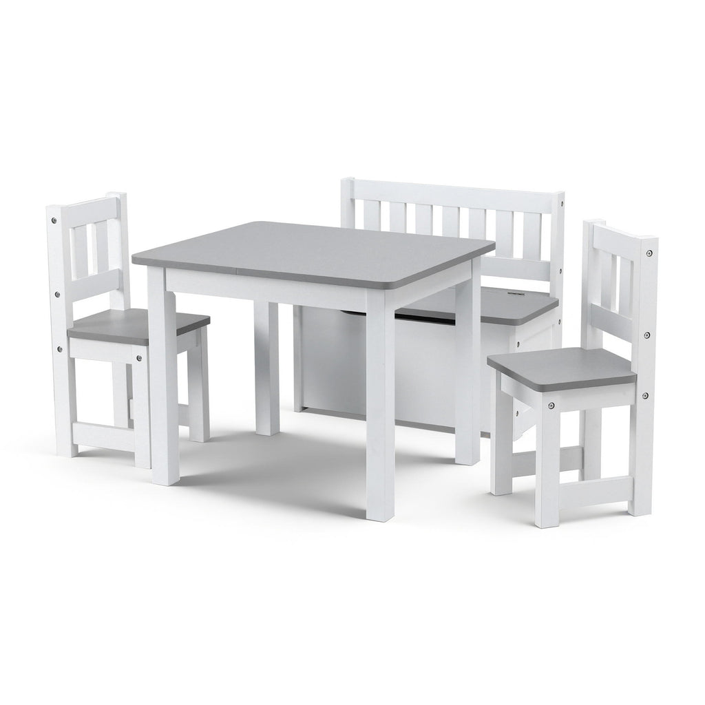 Keezi 2 in 1 Kids Table and Chair Set, Activity Table with Storage Bench and 2 Chairs for Reading, Drawing, Writing, Snack Time & Arts Crafts, 4 PCS Toddler Table and Chair Set, Grey