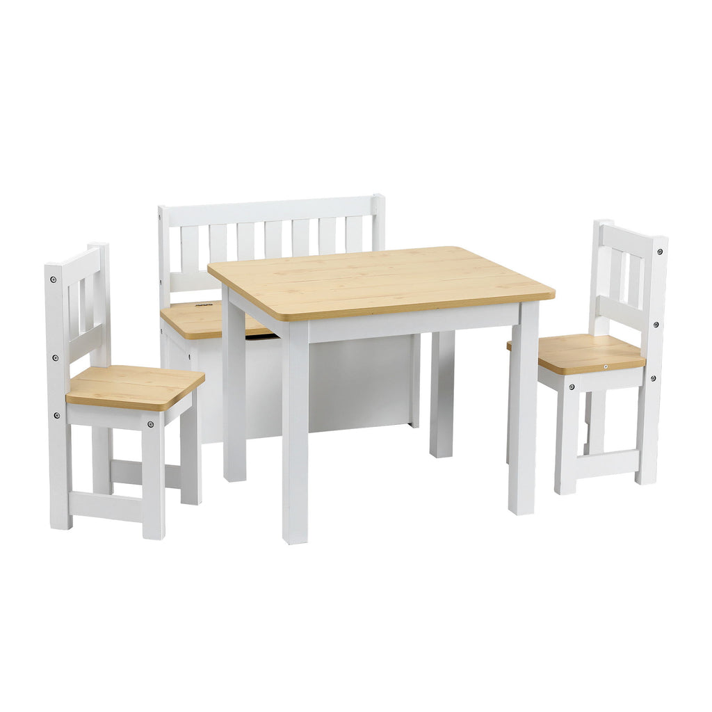 Keezi 2 in 1 Kids Table and Chair Set, Activity Table with Storage Bench and 2 Chairs for Reading, Drawing, Writing, Snack Time & Arts Crafts, 4 PCS Toddler Table and Chair Set, Natural