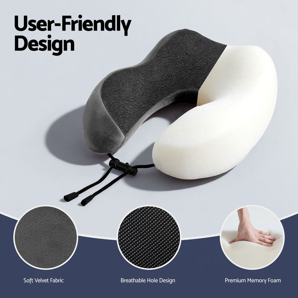 Wanderlite Travel Pillow for Airplanes Memory Foam Neck Pillows for Traveling, Soft & Washable Cover with Storage Bag, Portable Plane Accessories for Airplanes Offices Cars, Grey