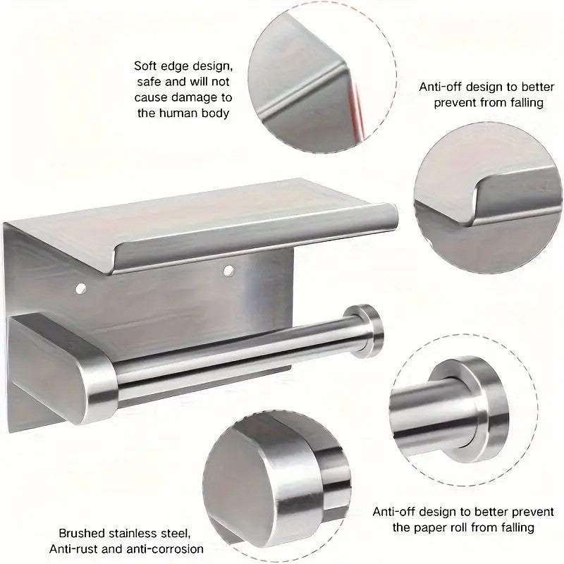 1pc Toilet Paper Holder with Shelf, Bathroom Tissue Storage Rack, Wall-Mounted Paper Towel Dispenser, Stainless Steel Bathroom Paper Holder, Bathroom Accessory(Black)