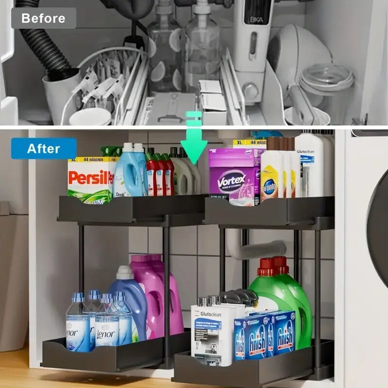 Two-tier pull-out storage rack. An organizational lifesaver for under the kitchen sink. Features adjustable shelves for easy storage of bottles and jars. In a sleek, modern design. Perfect as a kitchen shelf, bathroom organizer, or household storage solut
