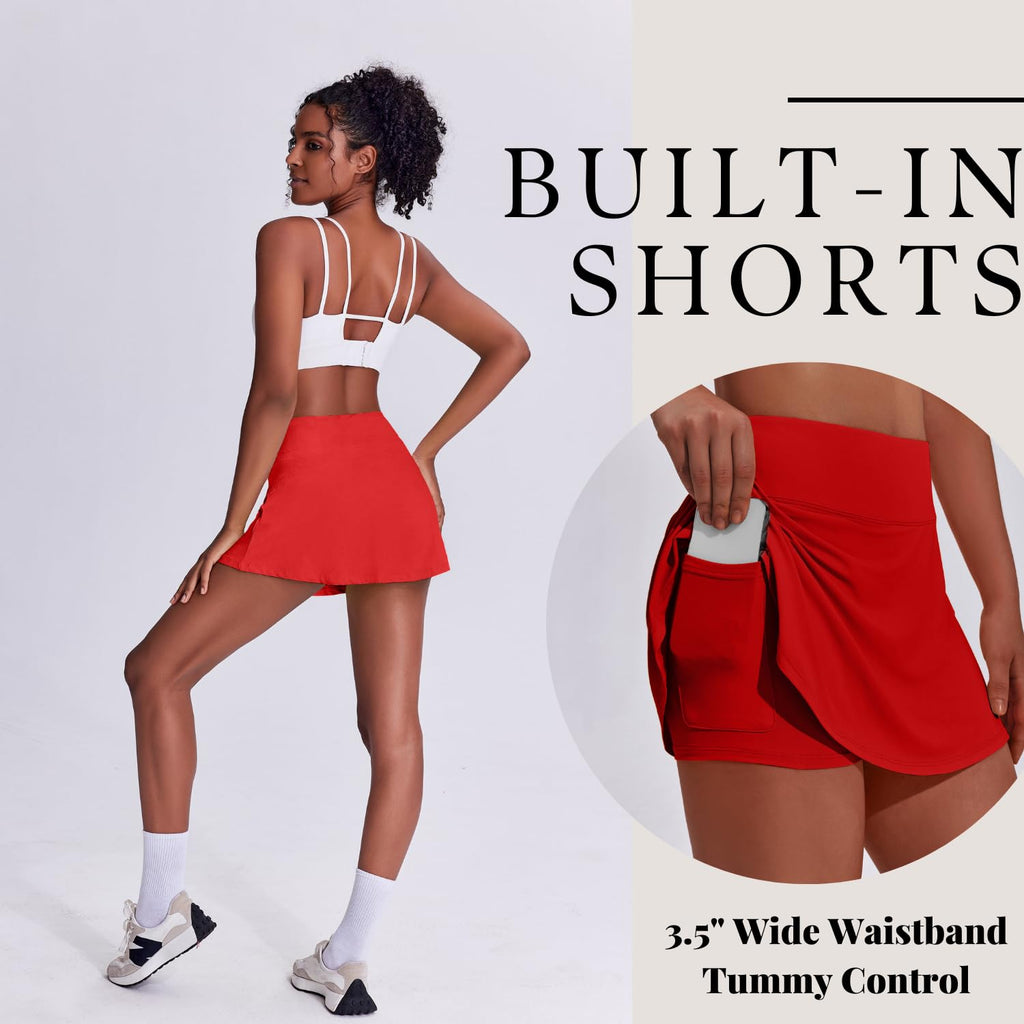 Women's Tennis Skirt with Pockets & Built-in Shorts – High-Waisted Golf Running Skort for Active Lifestyle, Sporty Fitness Wear (Red,L)