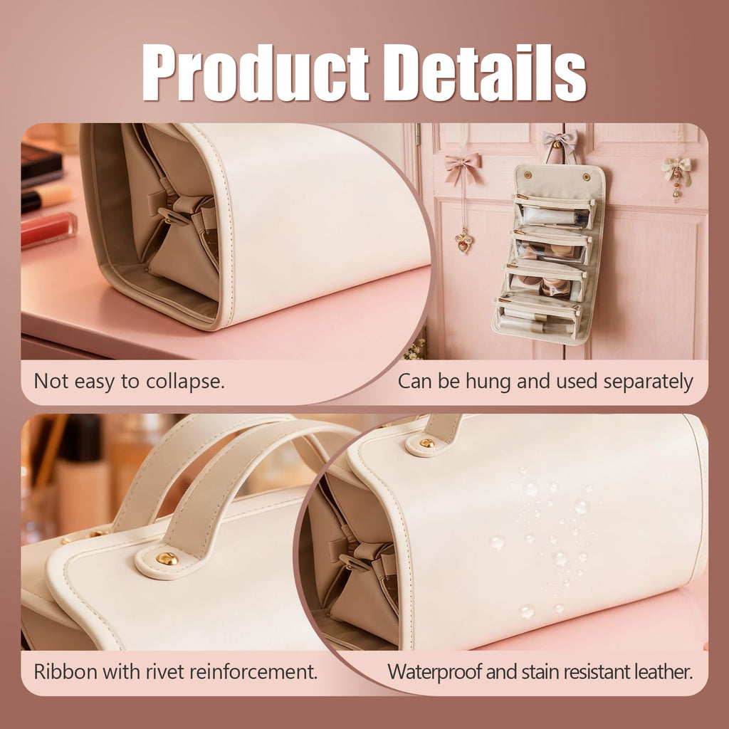 4-in-1 Expandable Makeup Bag with Removable Pockets – Waterproof Travel Cosmetic Organizer for Women, Large Capacity Vanity Case with Hanging Design (White)