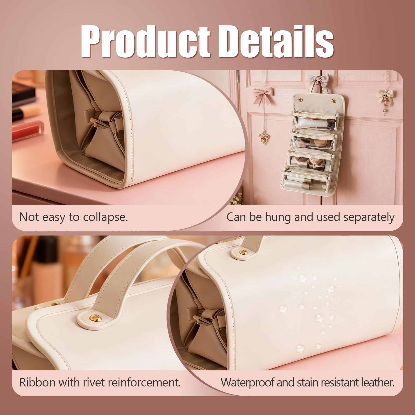 4-in-1 Expandable Makeup Bag with Removable Pockets – Waterproof Travel Cosmetic Organizer for Women, Large Capacity Vanity Case with Hanging Design (White)