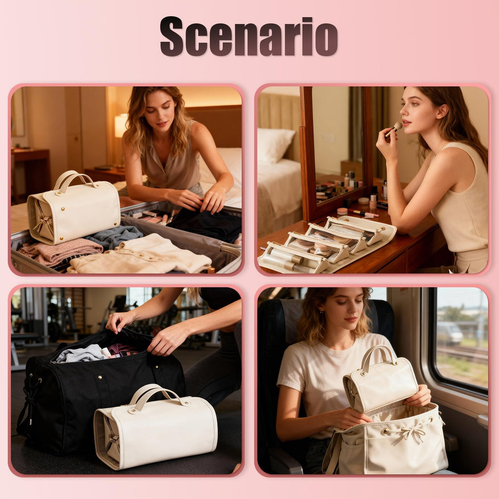 4-in-1 Expandable Makeup Bag with Removable Pockets – Waterproof Travel Cosmetic Organizer for Women, Large Capacity Vanity Case with Hanging Design (White)