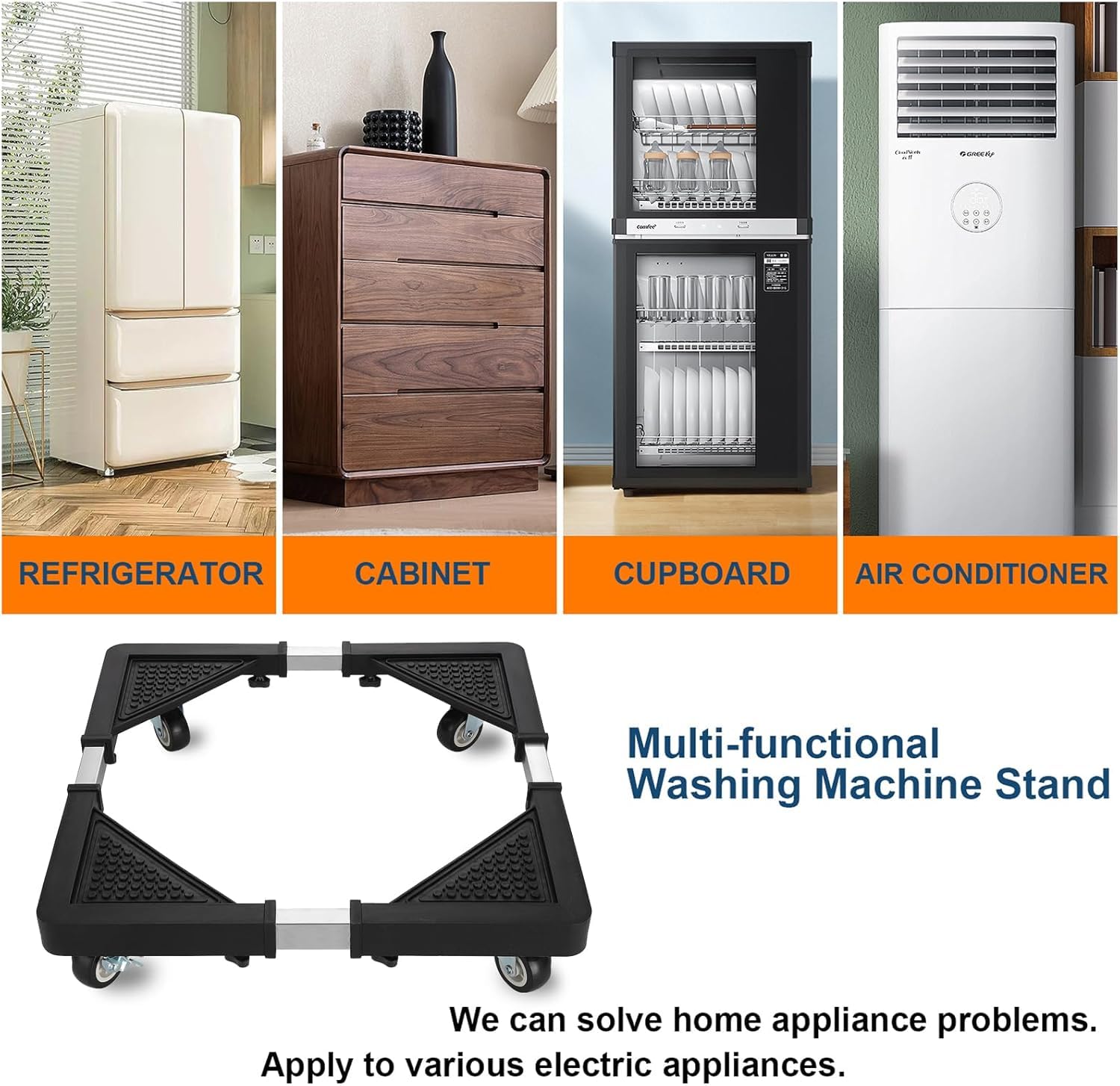 Adjustable Appliance Dolly Stand with 4 Locking Wheels – Expandable Base from 16.9 to 25.6 Inch, Heavy-Duty Furniture Moving Cart for Refrigerator, Washer, Cabinet, Air Conditioner (Black)