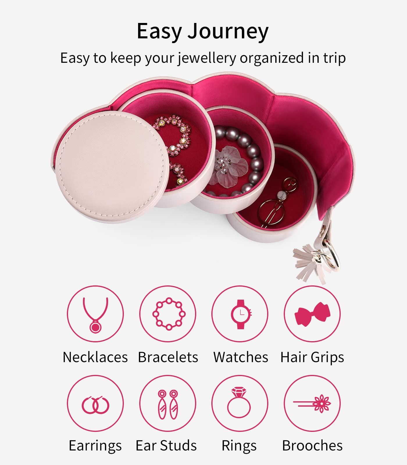 Grey Travel Jewelry Case: 3-Layer PU Cylinder Organizer for Necklaces, Earrings, Gifts for Travelers & Jewelry Lovers