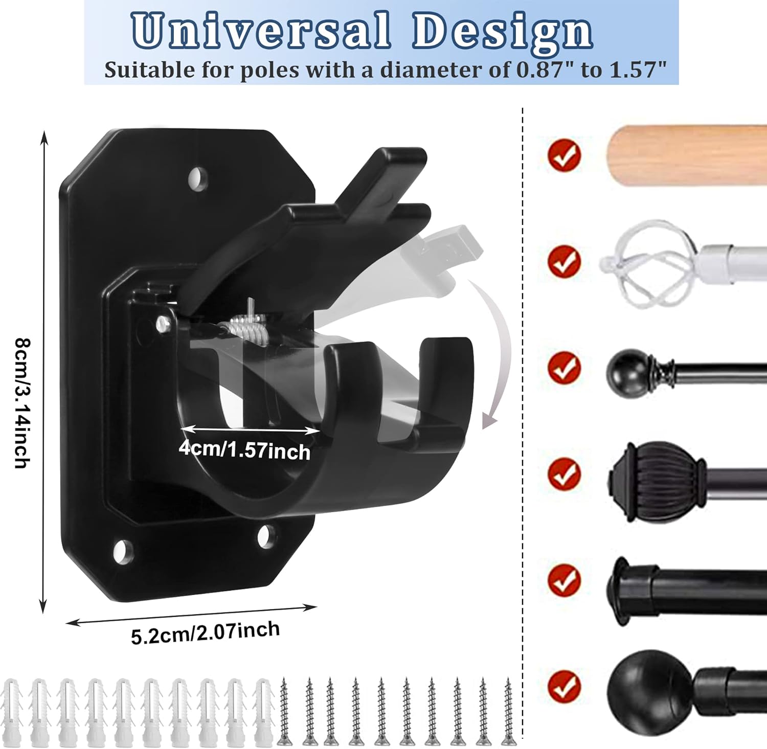 8PCS No Drill Curtain Rod Brackets,Nail Free Adjustable Curtain Rods No Drilling,Self Adhesive Curtain Rod Holder,Perforated Curtain Rod Hook,Non Screw Stick On Sticky Black Drape Pole Hanger Black