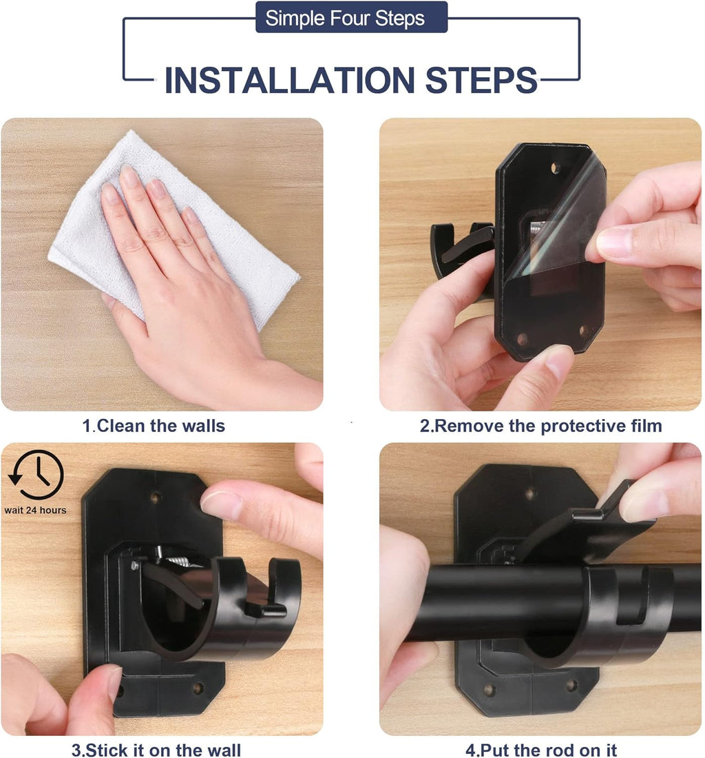 8PCS No Drill Curtain Rod Brackets,Nail Free Adjustable Curtain Rods No Drilling,Self Adhesive Curtain Rod Holder,Perforated Curtain Rod Hook,Non Screw Stick On Sticky Black Drape Pole Hanger Black