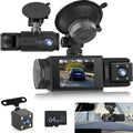 WiFi Car Dash Cam – 3-Channel Wireless Camera with App, Front, Interior, and Rear Cameras, Full HD 1080p, 2-inch IPS Screen, Night Vision, Motion Detection, Loop Recording, 64GB Memory Card Included