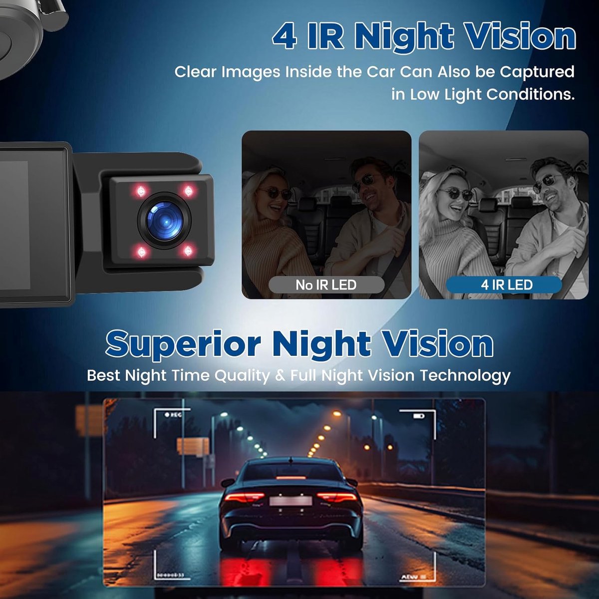WiFi Car Dash Cam – 3-Channel Wireless Camera with App, Front, Interior, and Rear Cameras, Full HD 1080p, 2-inch IPS Screen, Night Vision, Motion Detection, Loop Recording, 64GB Memory Card Included