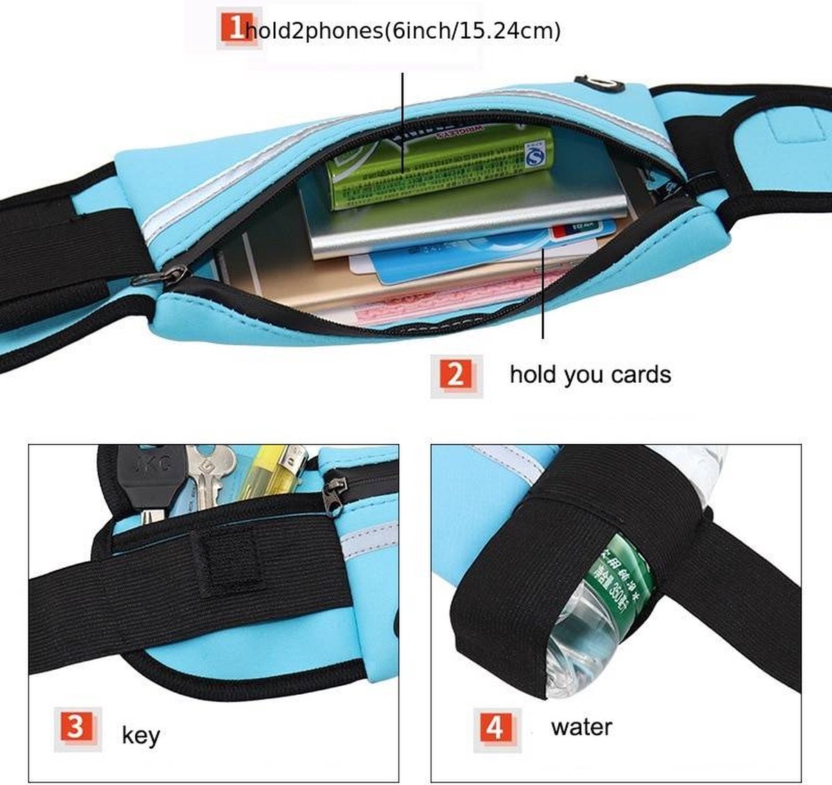 Waist Bag | Running Belt | With Phone Holder | With Smartphone Holder | Reflective | Running Bag | Adjustable Waist 50-80 cm | Pink