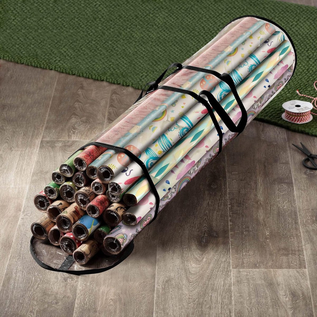 Wrapping paper storage bag - 80*22cm - Wrapping paper storage bag - Christmas wrapping paper cleanup bag - Round organizer for wrapping paper for Christmas gifts - storage boxes for wrapping paper - Transparent storage bag - storage bag - with handles - P