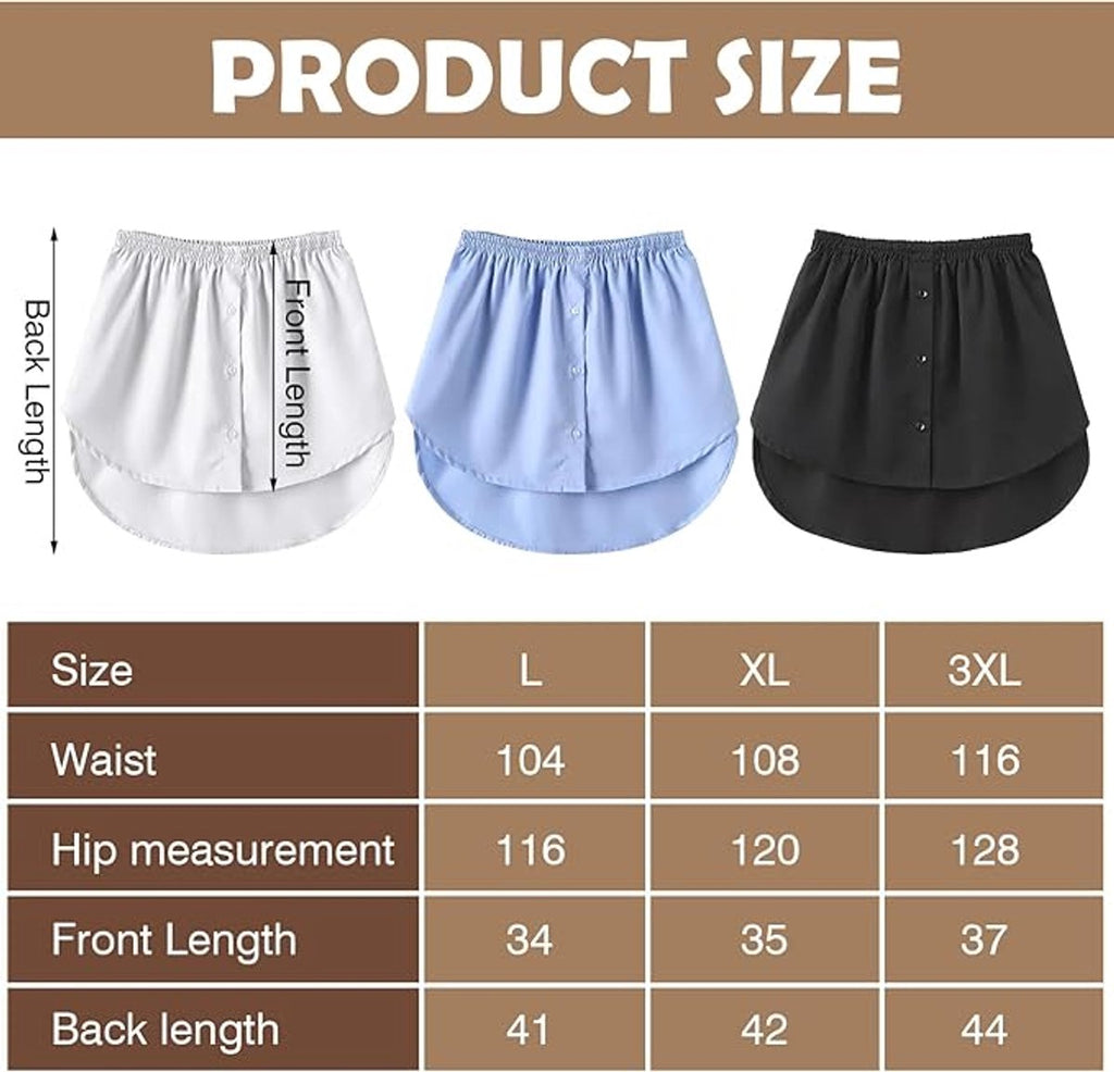 3-Piece Clothing Extender - Suitable for women's shirts - Adjustable layered tops - Midi skirts - Layered underwear - Black, white and blue (size L)