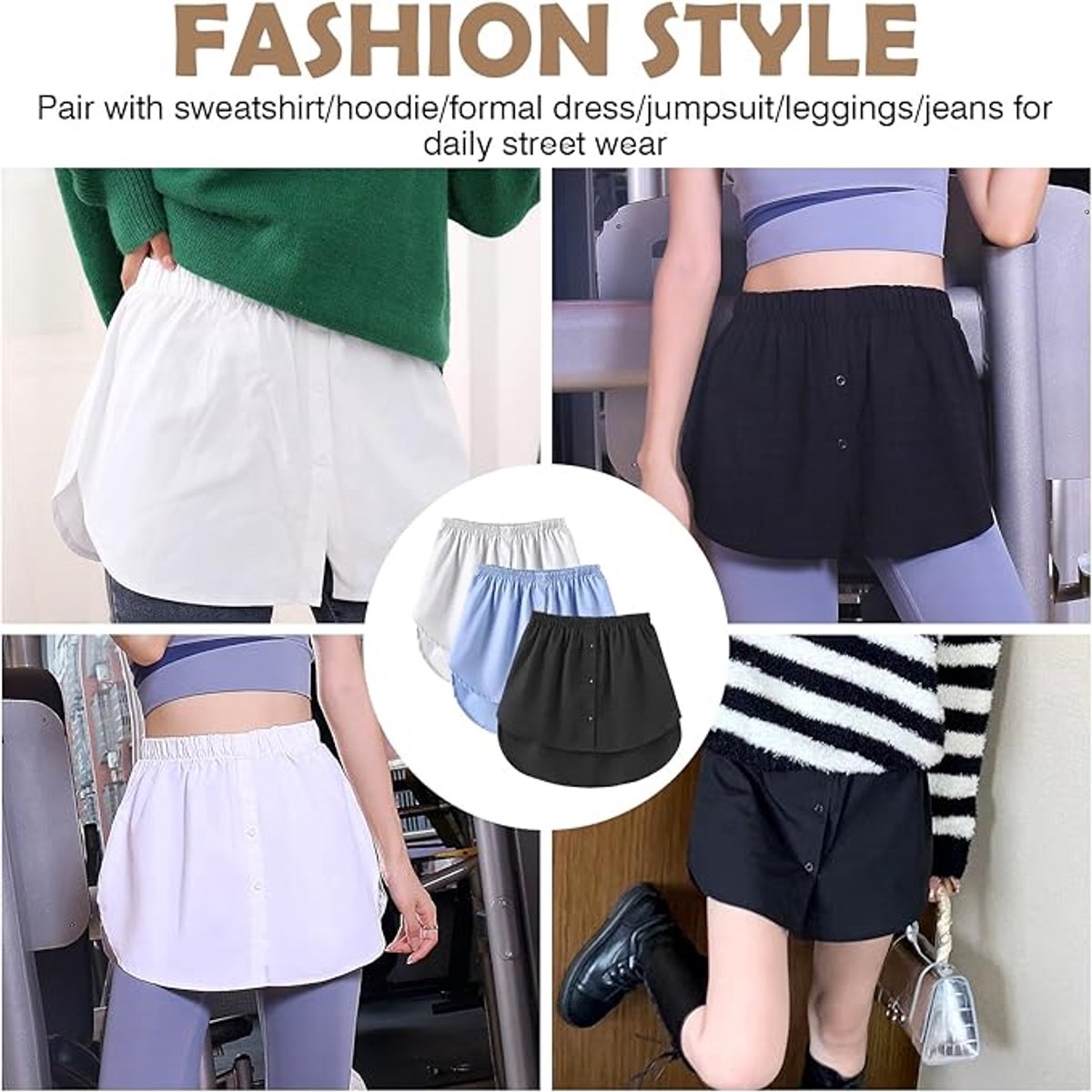 3-Piece Clothing Extender - Suitable for women's shirts - Adjustable layered tops - Midi skirts - Layered underwear - Black, white and blue (size L)