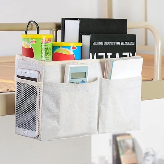 Bedside Organizer - Waterproof Canvas Bedside Organizer - Hanging Bedside Basket - For Home, Office & School Bedside Tables (Gray, White)