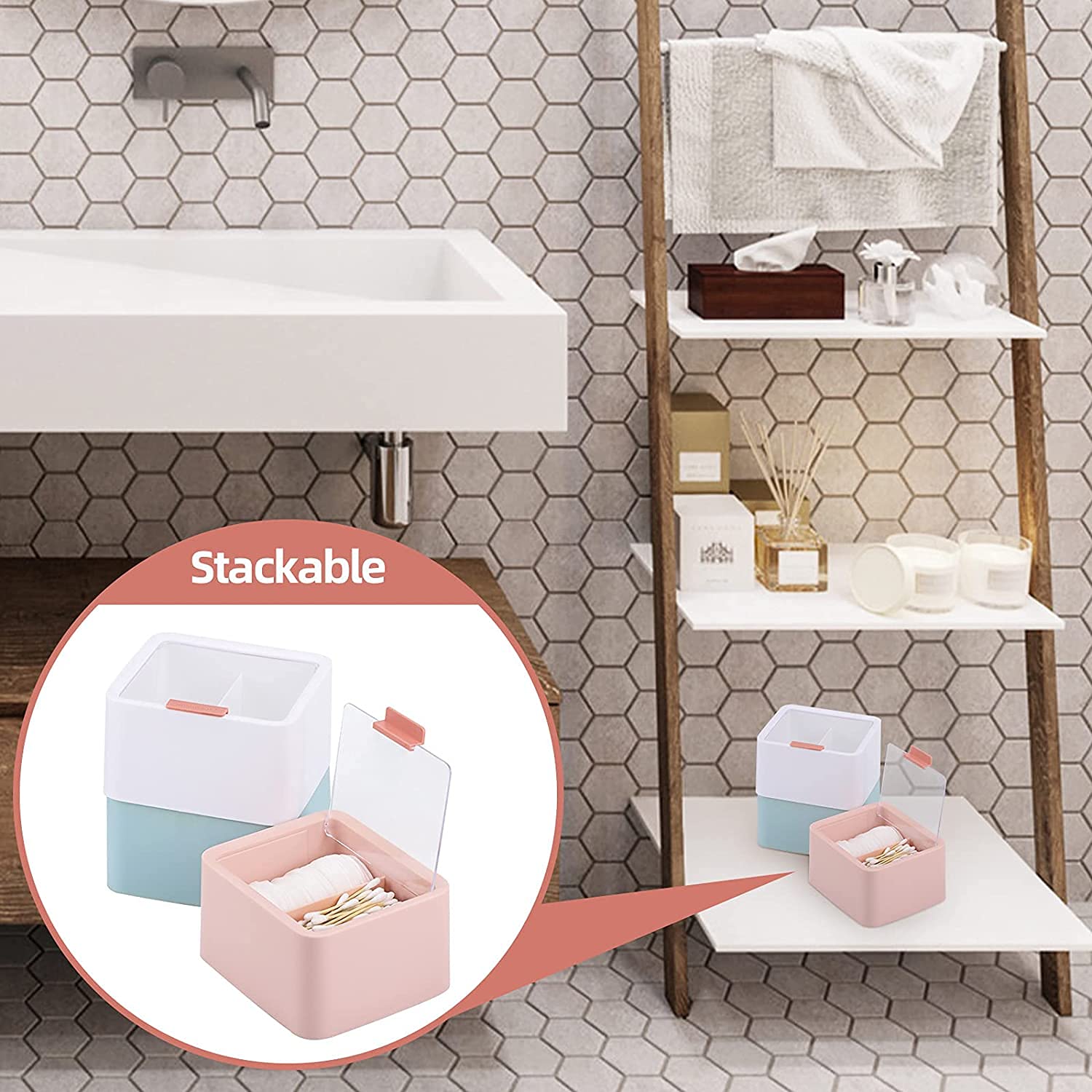 Cotton swab holder - Cotton pad holder - Bathroom organizer - Makeup organizer - Jewelry box - Storage box with lid - Dispenser - Bathroom accessories - Toiletries - Storage - Blue - Pink - 2 pieces