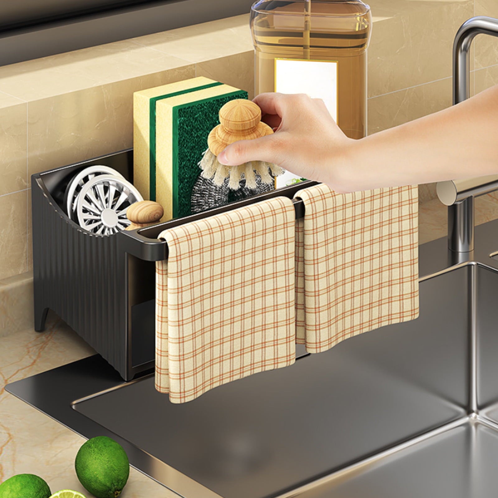 Kdkad Kitchen Sink Sponge Holder, Sponge Holder Kitchen Sink Caddy Organizer with Dish Brush Holder, Rustproof Stainless Steel Sink Sponge Holder with Auto-Draining Tray E