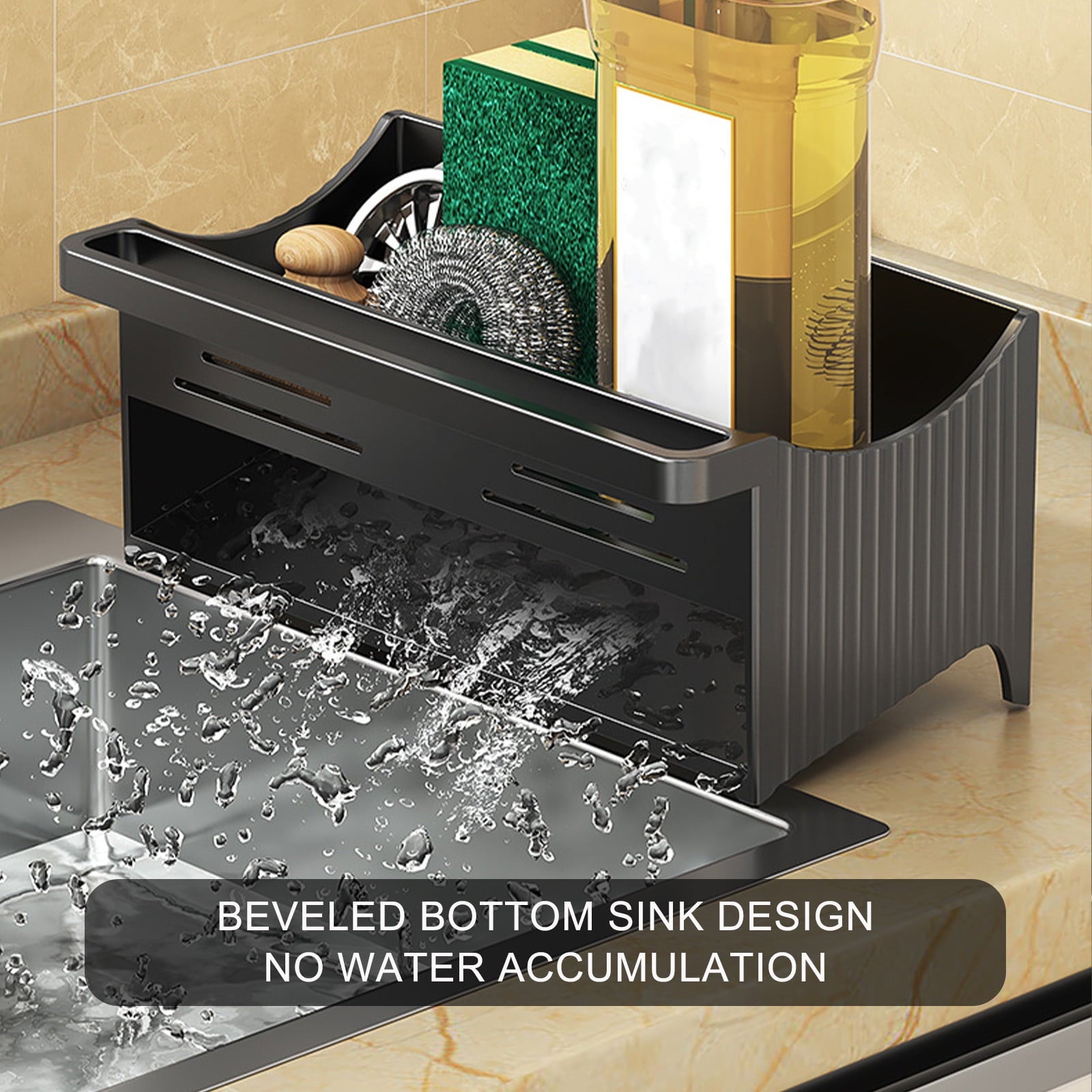 Kdkad Kitchen Sink Sponge Holder, Sponge Holder Kitchen Sink Caddy Organizer with Dish Brush Holder, Rustproof Stainless Steel Sink Sponge Holder with Auto-Draining Tray E