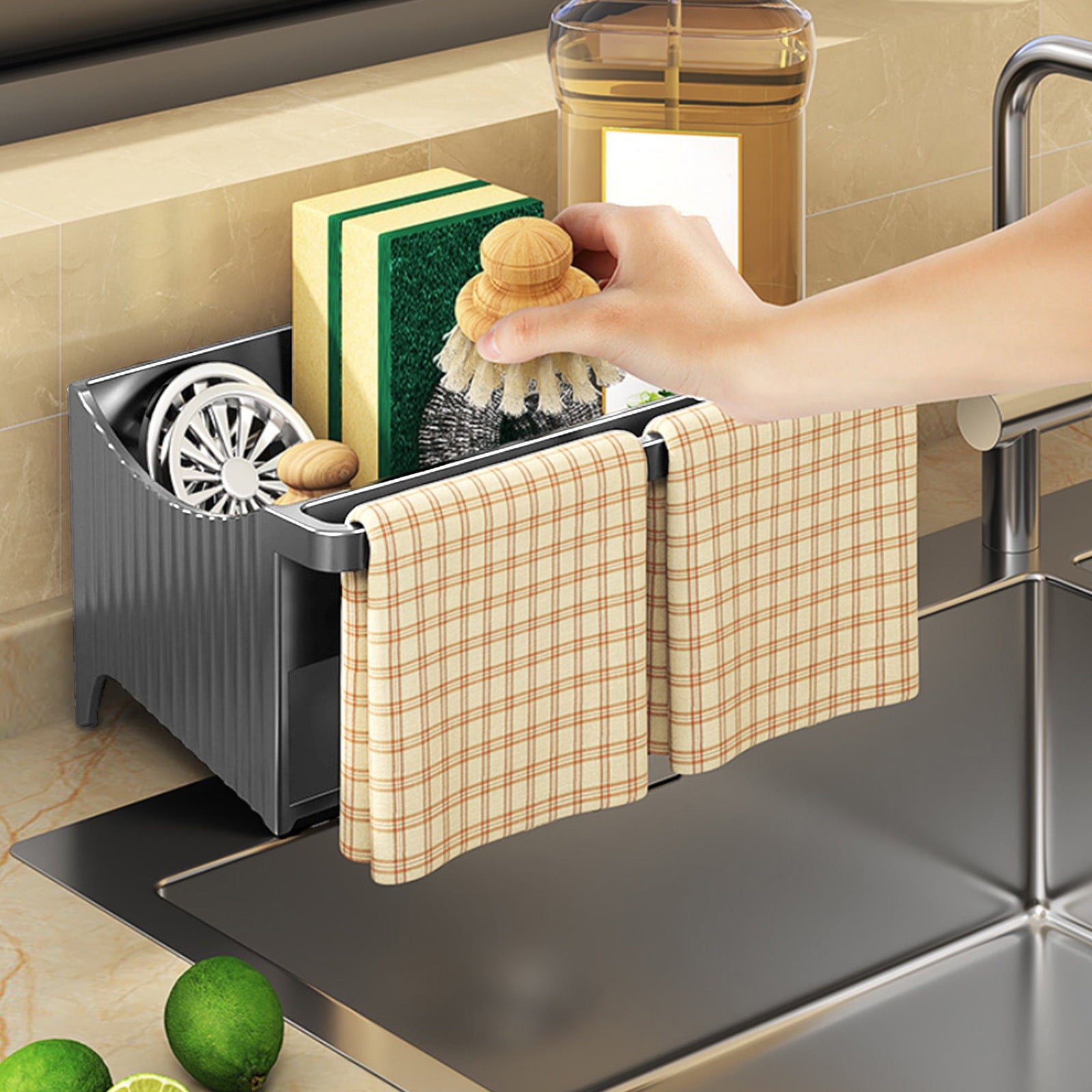 Kdkad Kitchen Sink Sponge Holder, Sponge Holder Kitchen Sink Caddy Organizer with Dish Brush Holder, Rustproof Stainless Steel Sink Sponge Holder with Auto-Draining Tray F