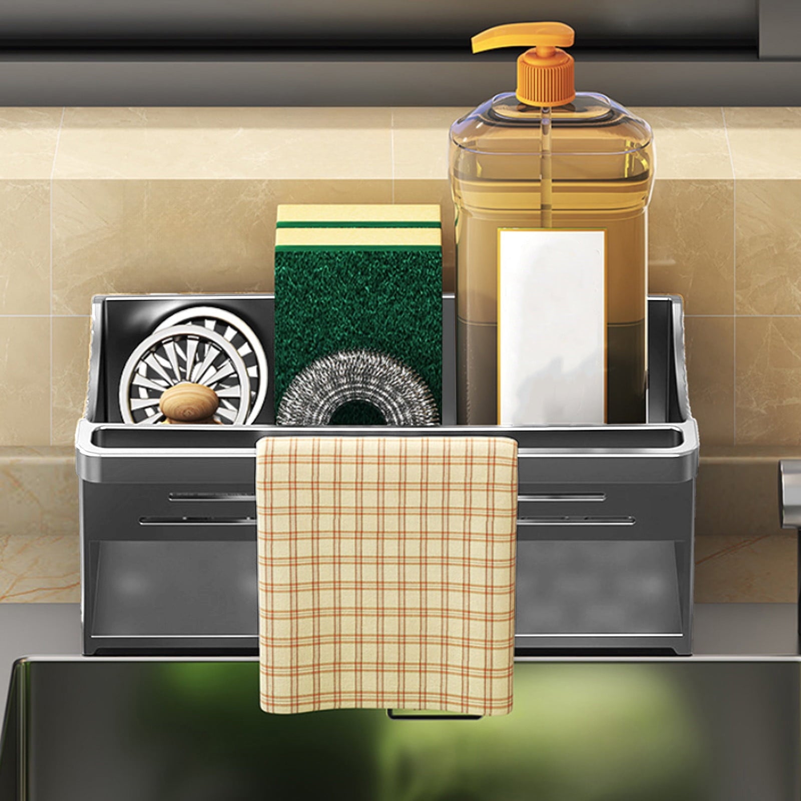 Kdkad Kitchen Sink Sponge Holder, Sponge Holder Kitchen Sink Caddy Organizer with Dish Brush Holder, Rustproof Stainless Steel Sink Sponge Holder with Auto-Draining Tray F