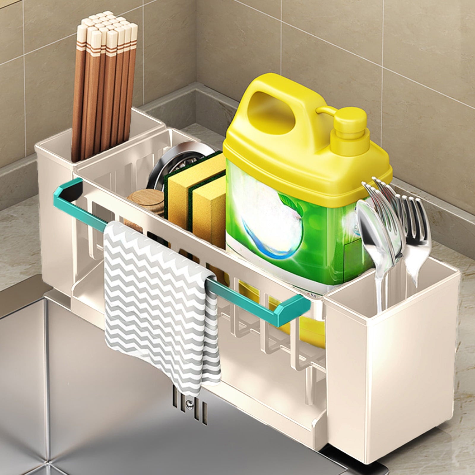 Kdkad Kitchen Sink Sponge Holder, Sponge Holder Kitchen Sink Caddy Organizer with Dish Brush Holder, Rustproof Stainless Steel Sink Sponge Holder with Auto-Draining Tray G