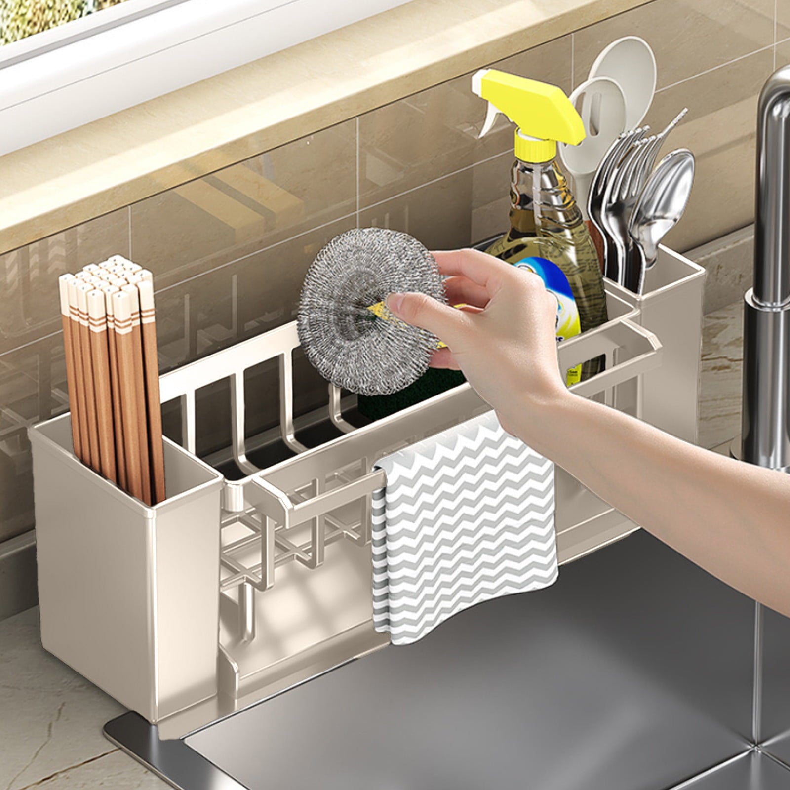 Kdkad Kitchen Sink Sponge Holder, Sponge Holder Kitchen Sink Caddy Organizer with Dish Brush Holder, Rustproof Stainless Steel Sink Sponge Holder with Auto-Draining Tray G