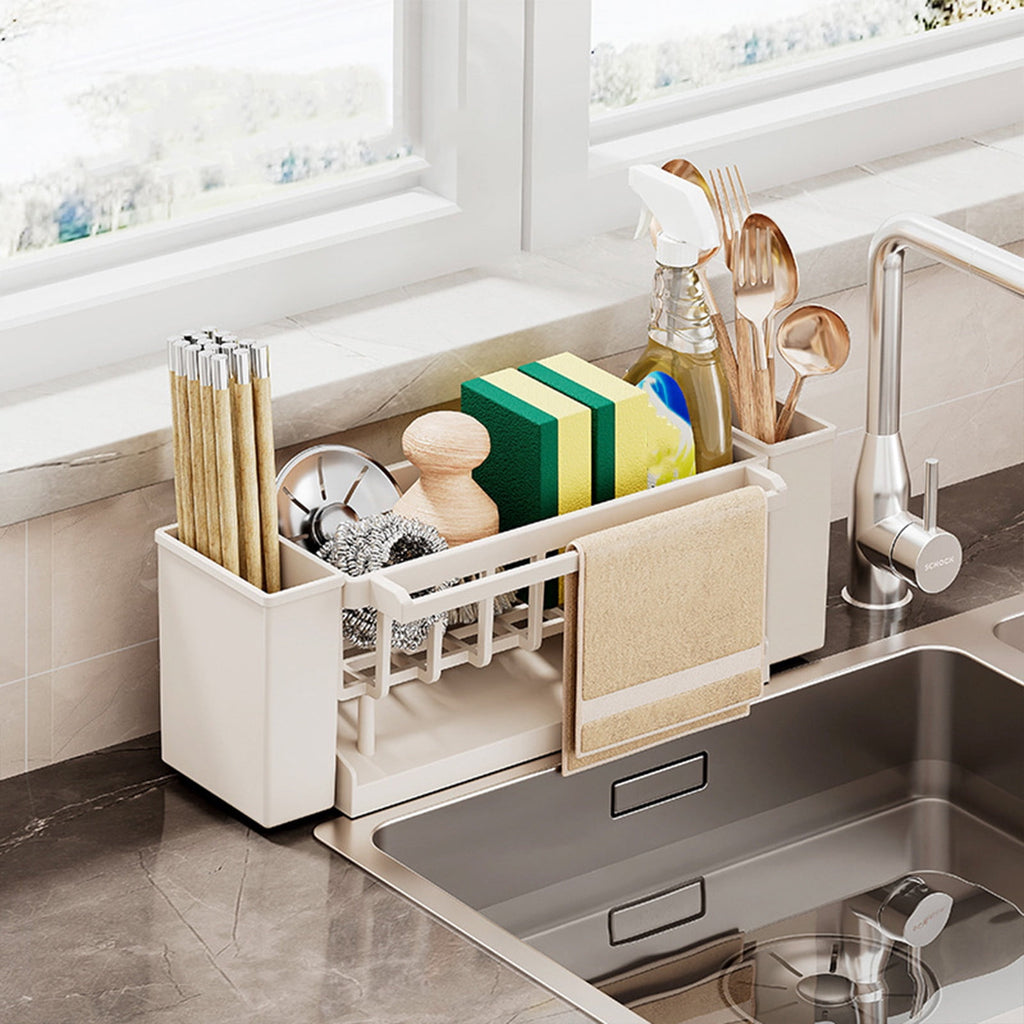 Kdkad Kitchen Sink Sponge Holder, Sponge Holder Kitchen Sink Caddy Organizer with Dish Brush Holder, Rustproof Stainless Steel Sink Sponge Holder with Auto-Draining Tray G