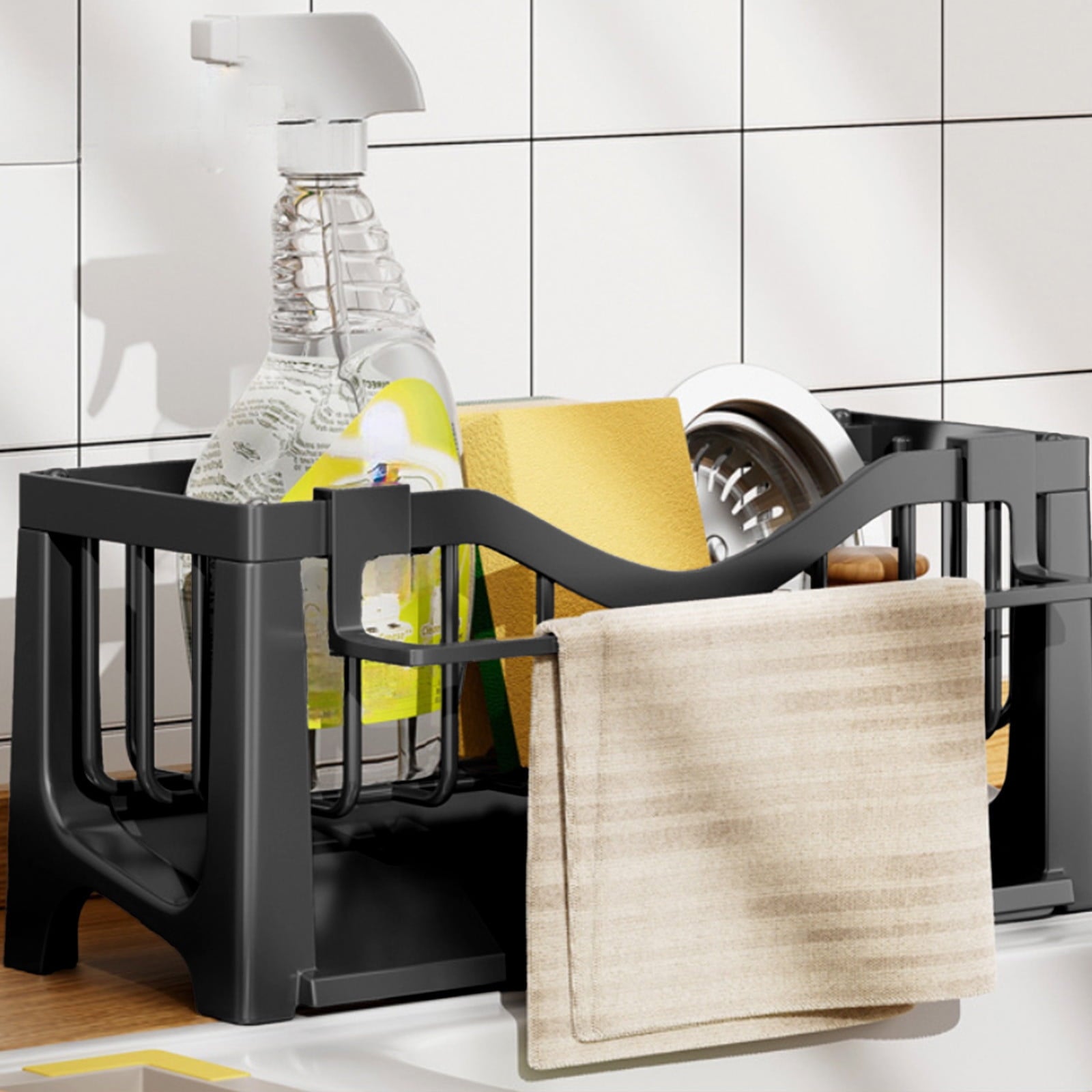 Kdkad Kitchen Sink Sponge Holder, Sponge Holder Kitchen Sink Caddy Organizer with Dish Brush Holder, Rustproof Stainless Steel Sink Sponge Holder with Auto-Draining Tray J