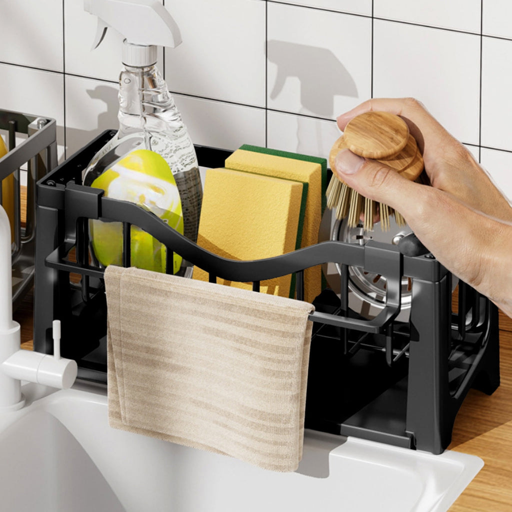 Kdkad Kitchen Sink Sponge Holder, Sponge Holder Kitchen Sink Caddy Organizer with Dish Brush Holder, Rustproof Stainless Steel Sink Sponge Holder with Auto-Draining Tray J