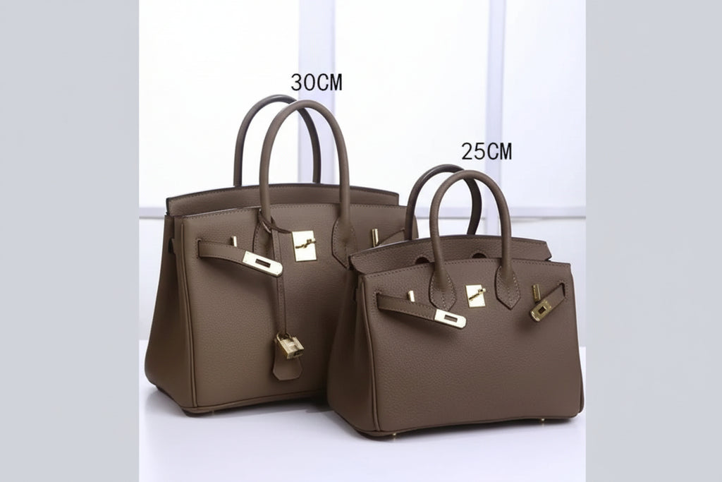 Two brown handbags with gold hardware on a white background, labeled with dimensions.