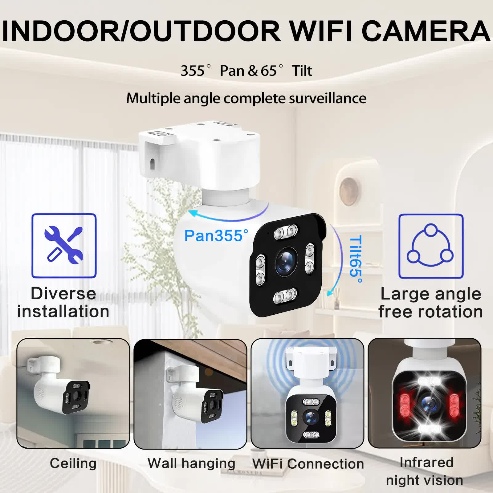 3MPSecurity Cameras for Home, 2.4G Wifi House Surveillance Cameras with Audio And Video, Security Cameras Wireless Outdoor with PTZ And Motion Detection, Wired Outdoor Security Camera Support Color Night Vision, SD Card Video Recording