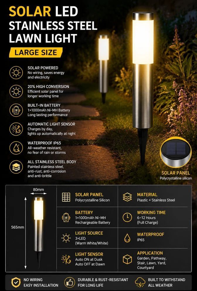 Large Silver Cool White Solar LED Stainless Steel Lawn Light