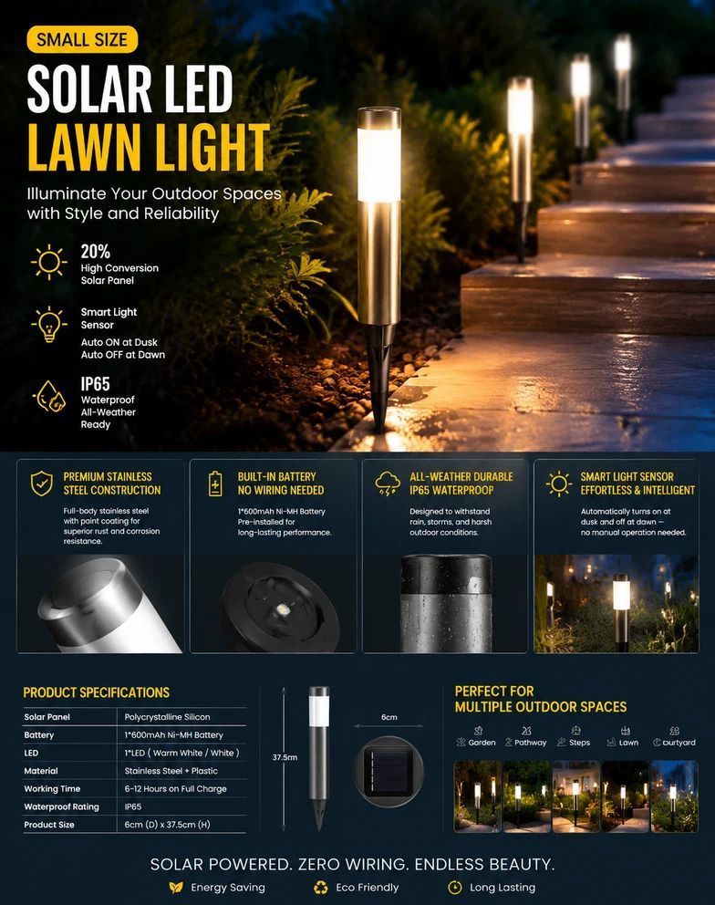Large Silver Cool White Solar LED Stainless Steel Lawn Light