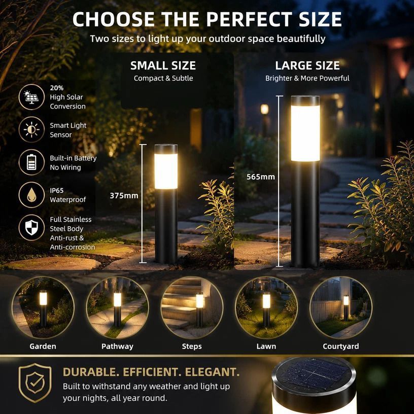 Small Black Warm White Solar LED Stainless Steel Lawn Light