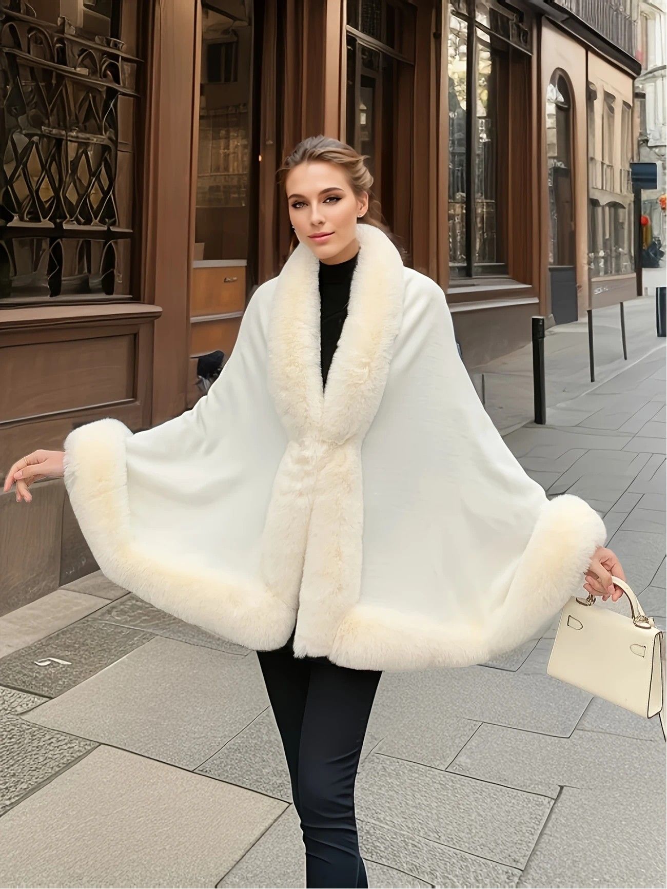 Imitation Mink Collar Knit Shawl: Autumn/Winter Retro Cape, Elegant, Versatile, and Flattering(BLACK)